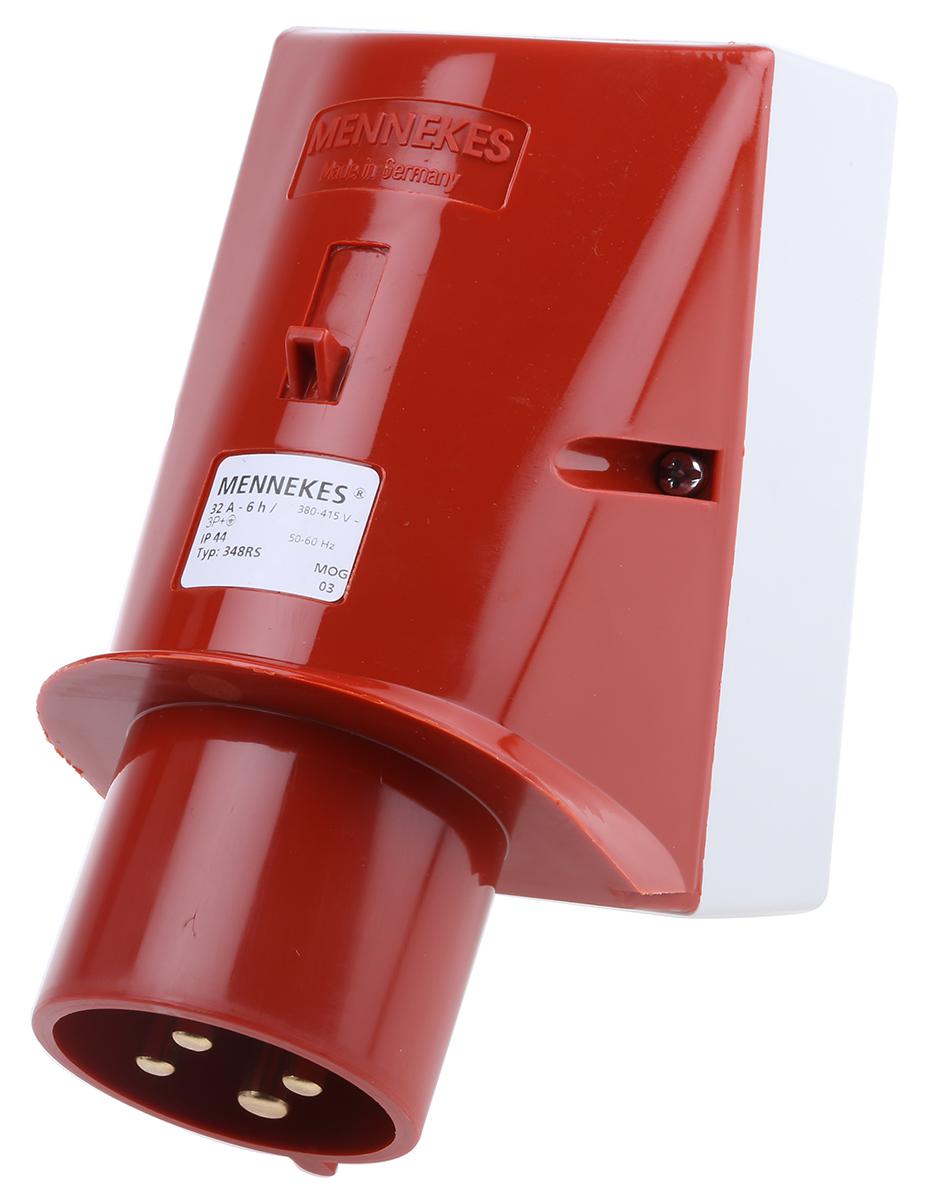 MENNEKES IP44 Red Wall Mount 4P 25 ° Industrial Power Plug, Rated At 32A, 400 V