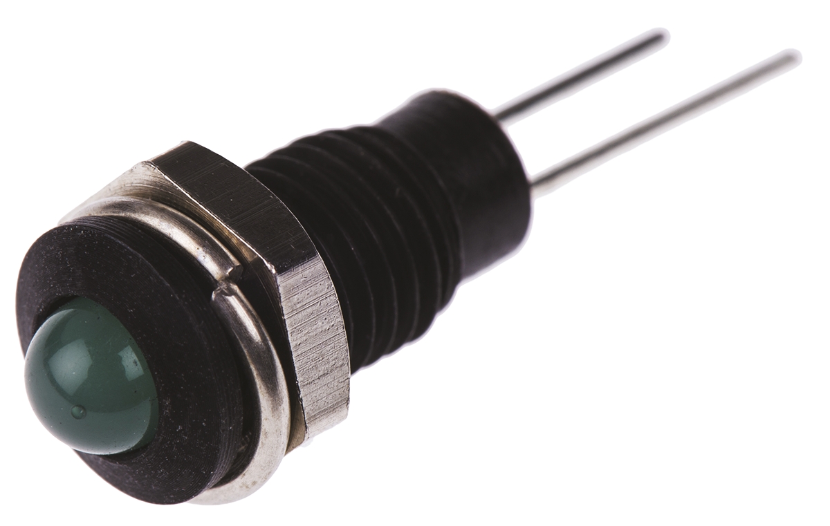 Bulgin Green Panel Mount Indicator, 2.1V, 6.1mm Mounting Hole Size, Lead Wires Termination