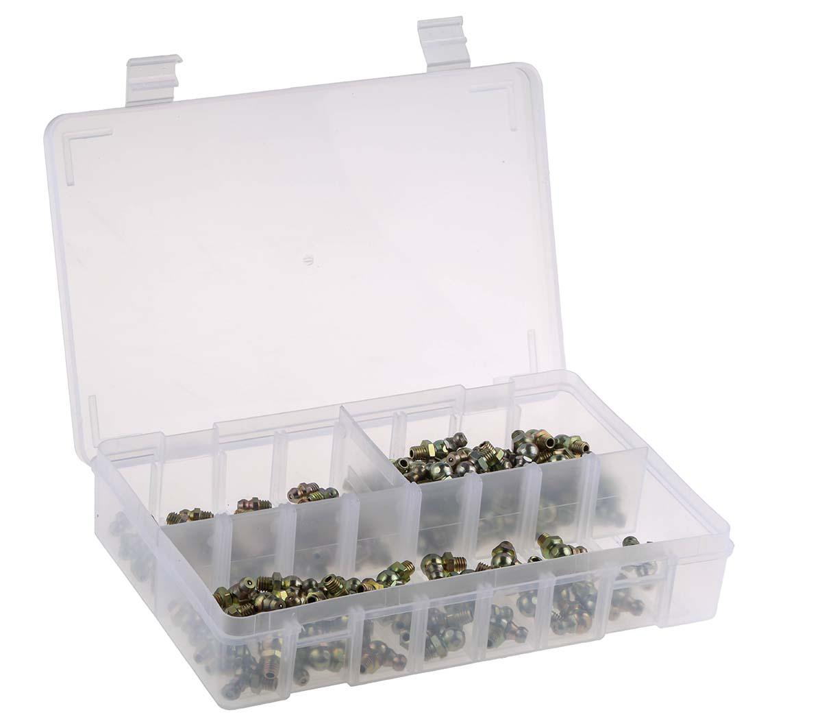 RS PRO Grease Nipple Kit Contains H1 Straight 6x1 mm (x50); H2-45 6x1 mm (x50); H3-90 6x1 mm (x50); Box
