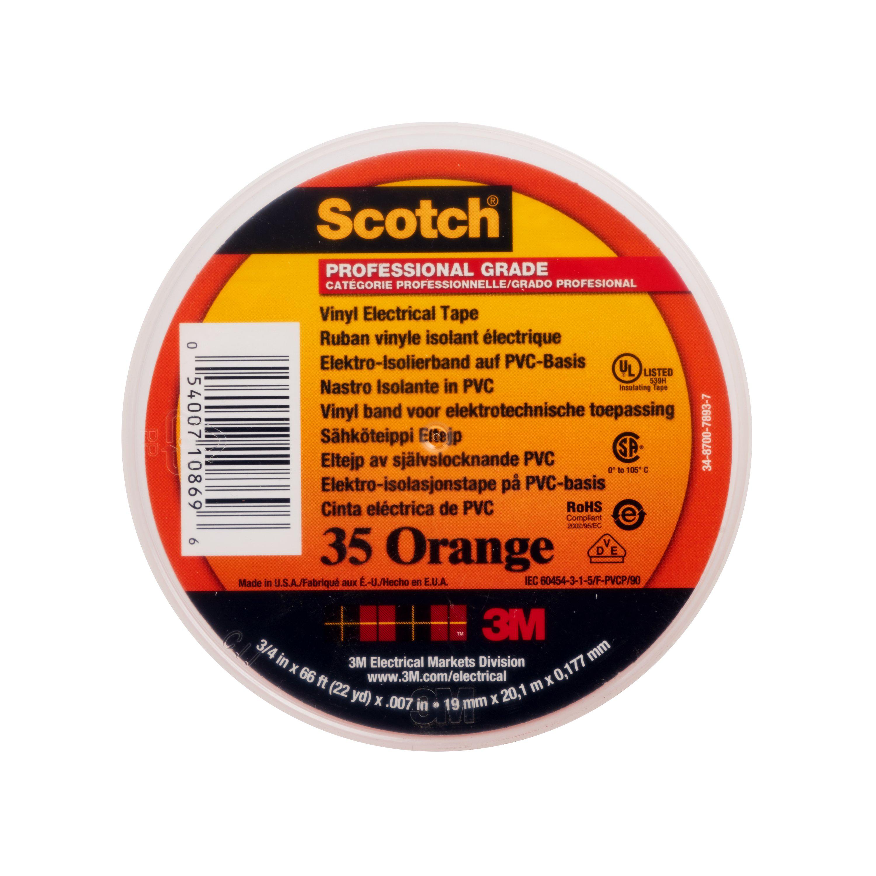 3M Scotch 35 Vinyl Electrical Color Coding Tape Orange Vinyl Electrical Tape, 19mm x 20m