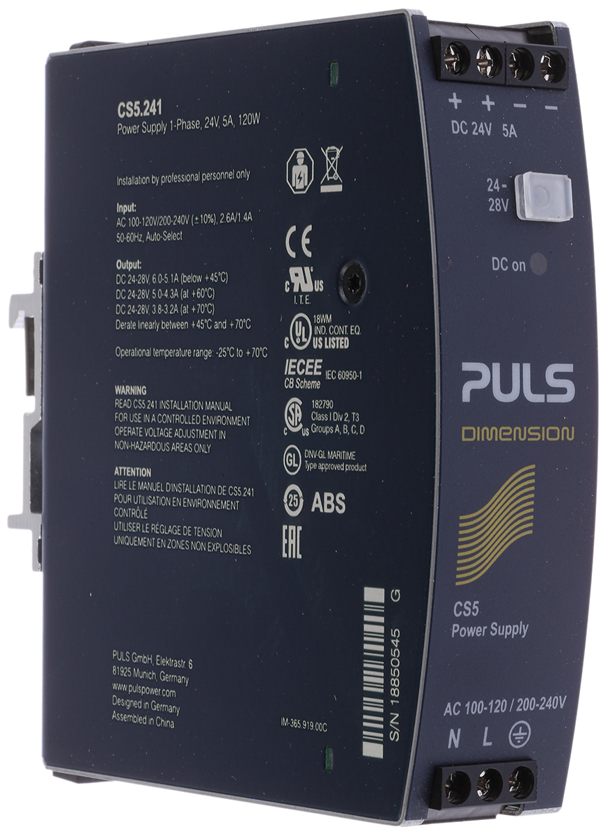 PULS DIMENSION C-Line Switched Mode DIN Rail Power Supply, 100→120V ac ac Input, 24V dc dc Output, 5A Output,