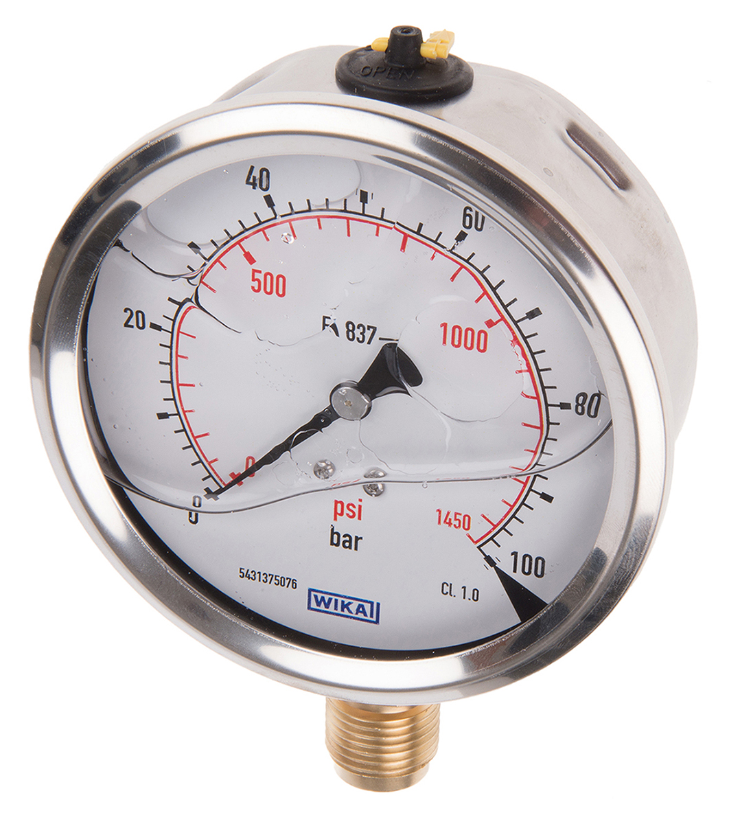WIKA Analogue Pressure Gauge 100bar Bottom Entry 100mm Outside Diameter
