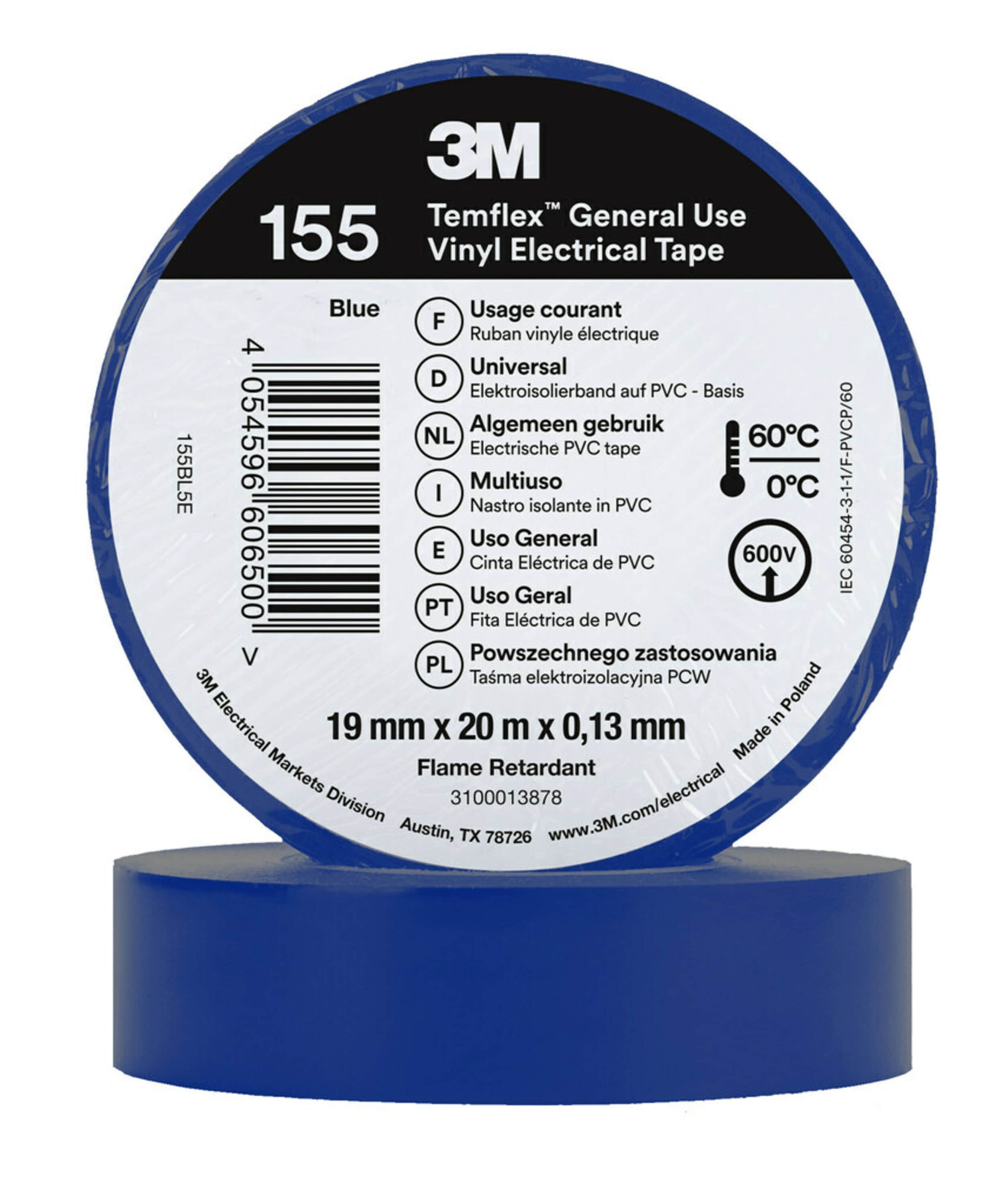 3M Temflex 155 Blue PVC Electrical Tape, 19mm x 20m