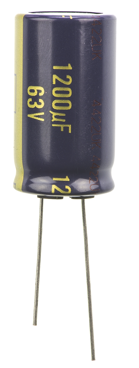 Panasonic 1200μF Aluminium Electrolytic Capacitor 63V dc, Radial, Through Hole - EEUFC1J122
