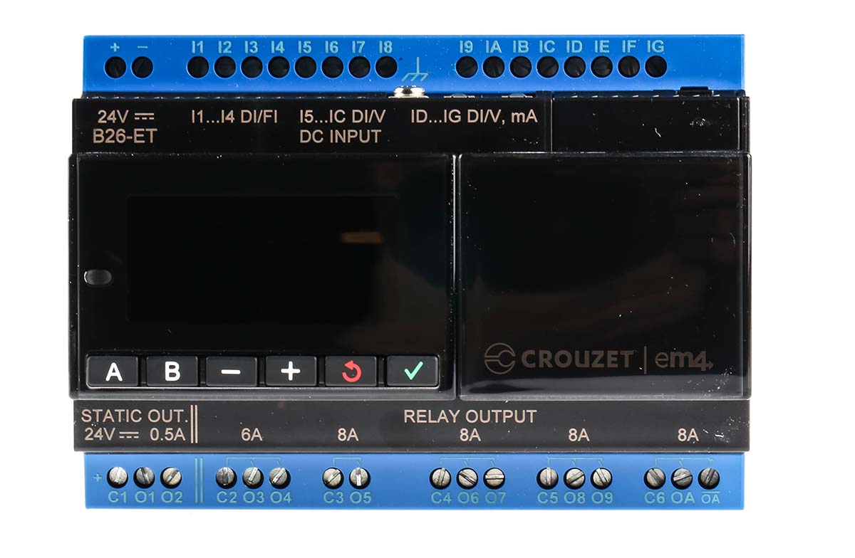 Crouzet em4 Series PLC CPU, PWM, Relay Output, 12 (Digital/Analogue), 4 (Digital)-Input, Analogue, Digital Input