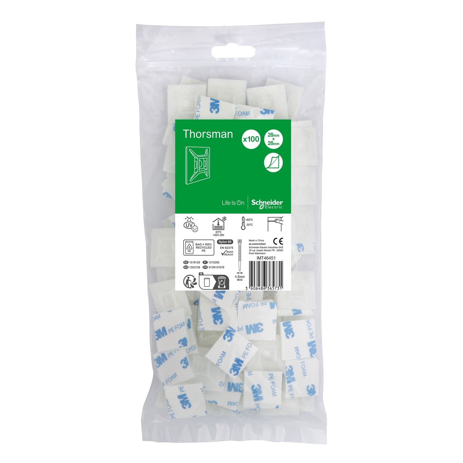 Schneider Electric Cable Tie, Self-adhesive Base, 28mm x 28 mm, Clear Polyamide, Pk-1