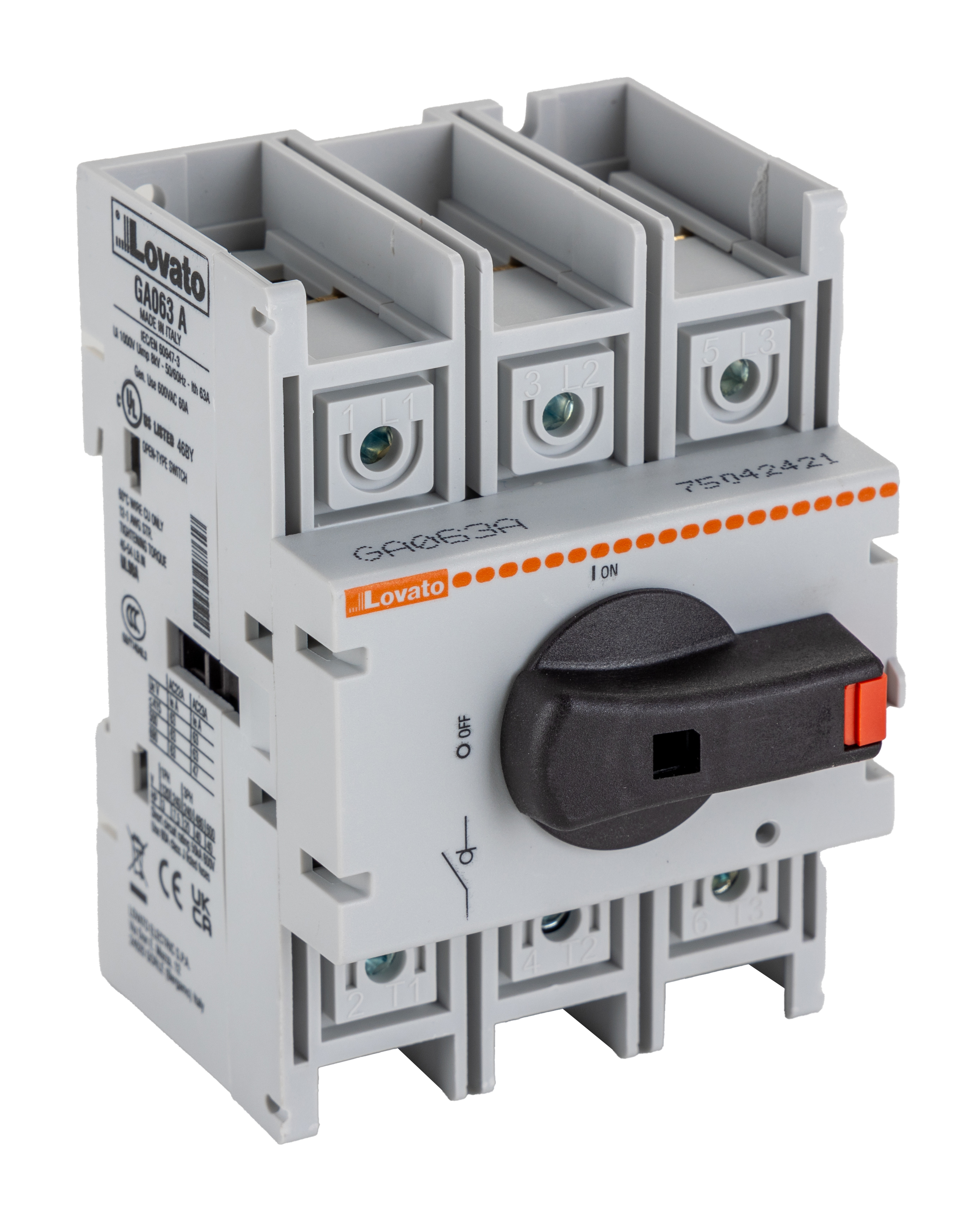 Lovato 3P Pole Isolator Switch - 63A Maximum Current, 45kW Power Rating, IP65