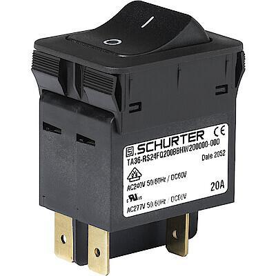 Schurter TA36 Rocker Circuit Breaker - TA36 2 Pole 60 V dc, 277 V ac Voltage Rating, 20A Current Rating