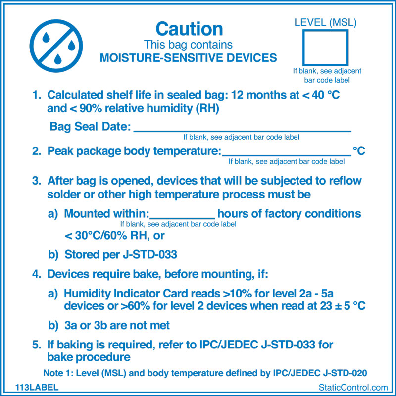 SCS Blue Paper ESD Label, Moisture Sensitive Caution Label-Text 102 mm x 102mm
