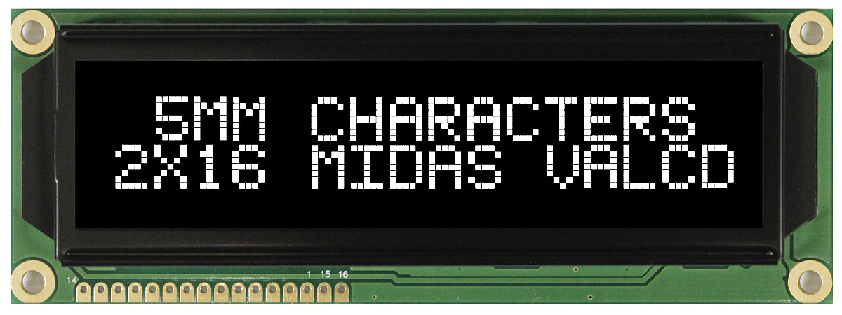 Midas MC21605G12W-VNMLW MC21605 Alphanumeric LCD Display Black, 2 Rows by 16 Characters, Transmissive