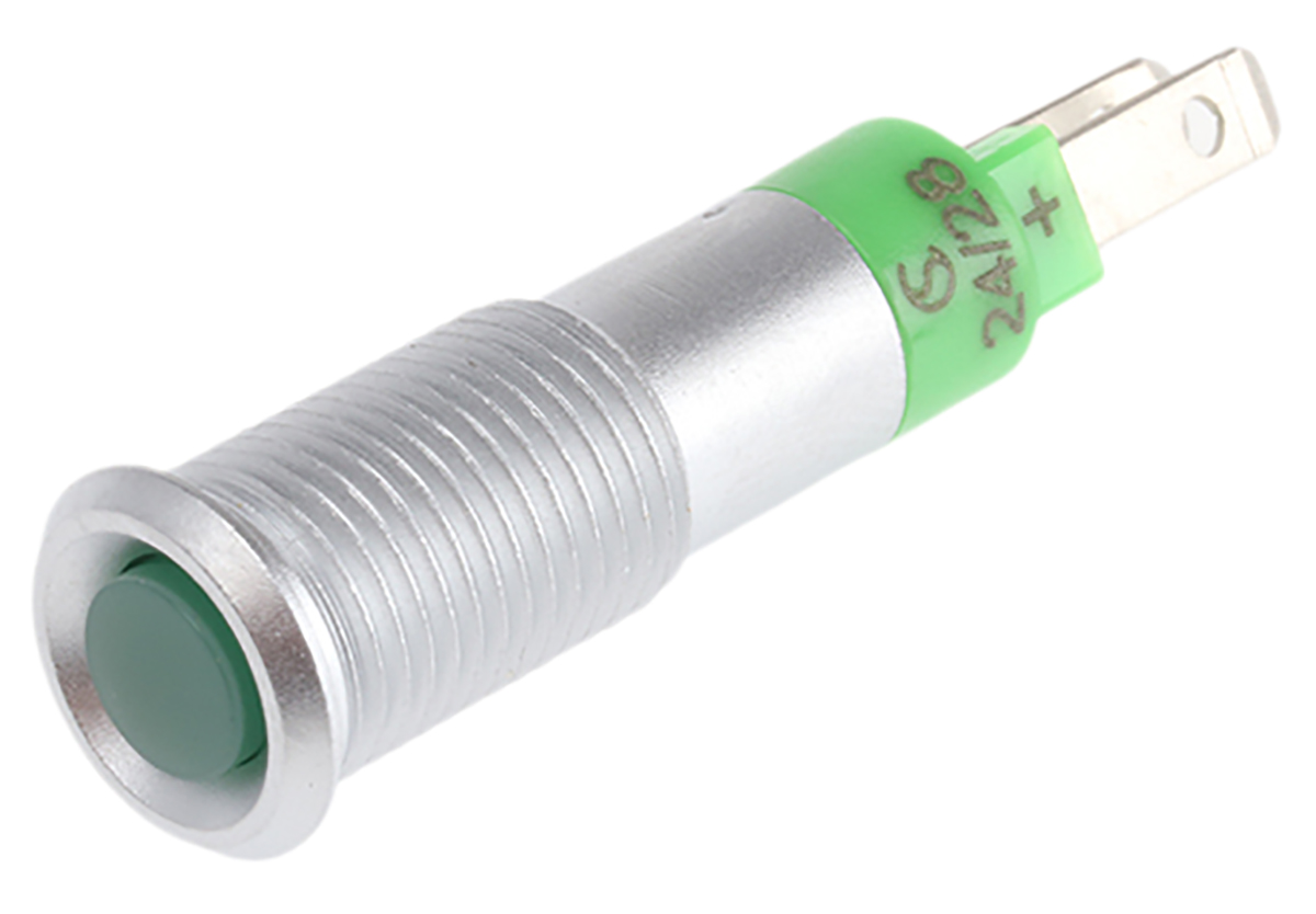 Signal Construct Green Indicator, 24V, 8mm Mounting Hole Size, Solder Tab Termination