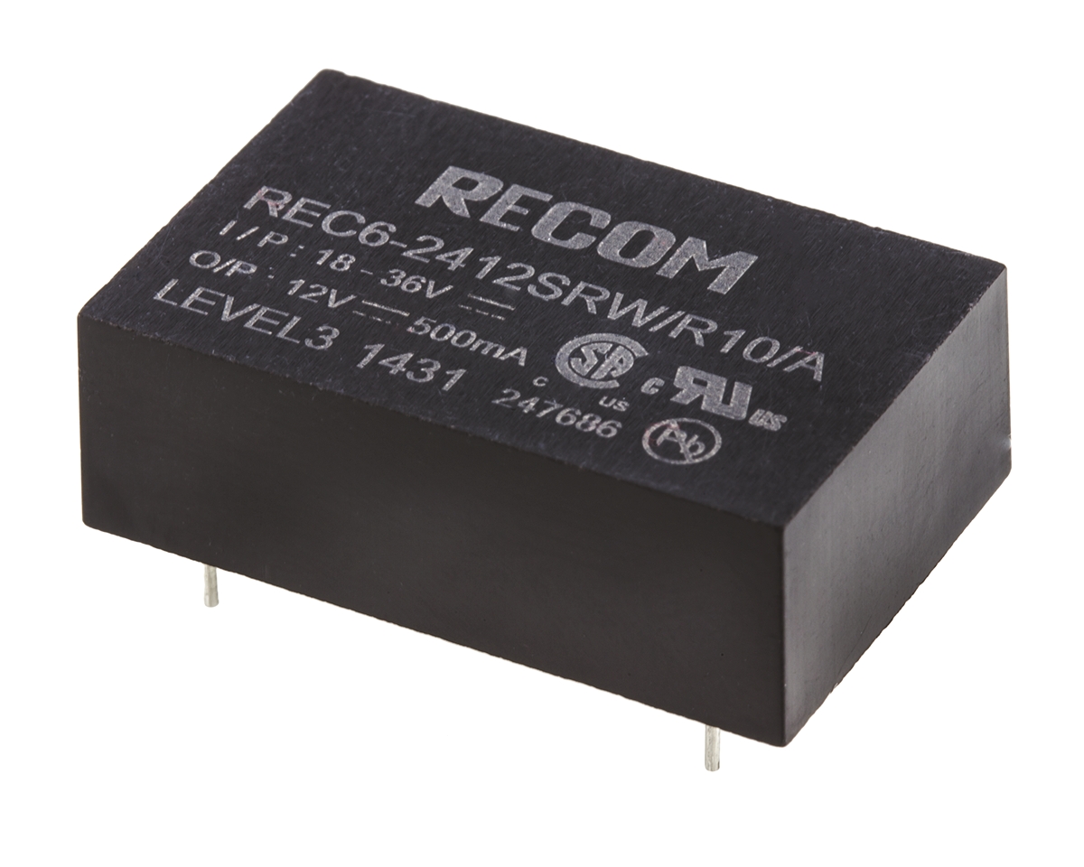 Recom REC6 DC-DC Converter, 12V dc/ 500mA Output, 18 → 36 V dc Input, 6W, Through Hole, +75°C Max Temp -40°C Min