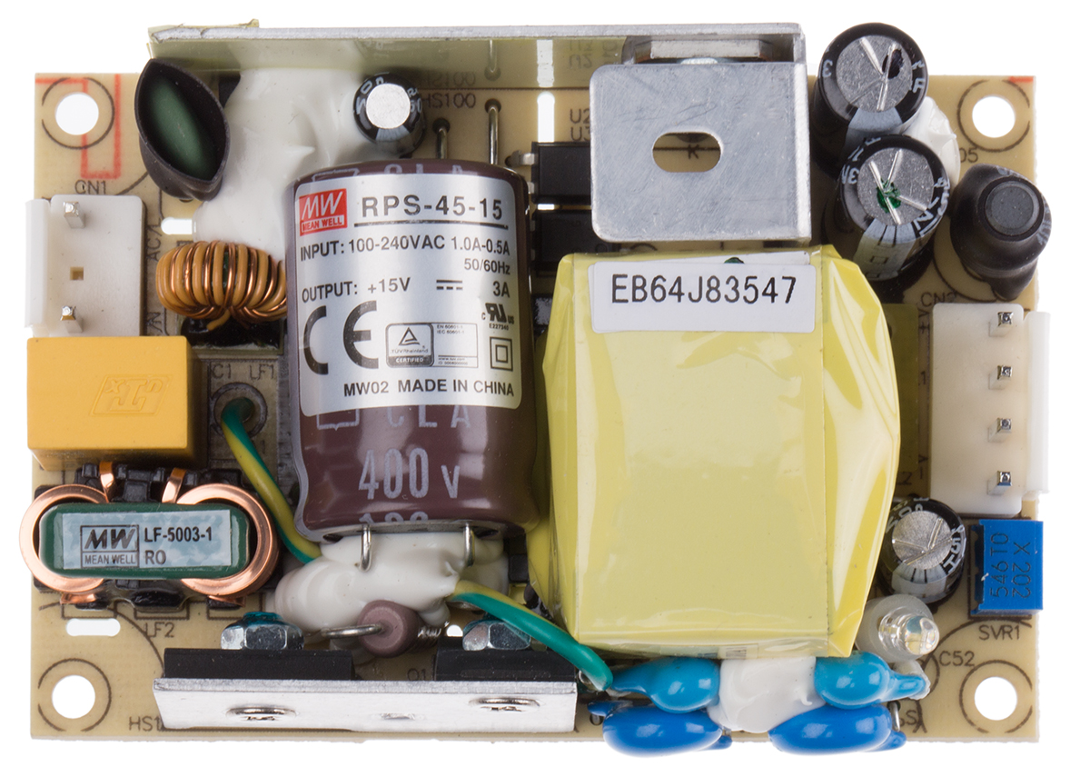 MEAN WELL Switching Power Supply, RPS-45-15, 15V dc, 3A, 45W, 1 Output, 80 → 264V ac Input Voltage