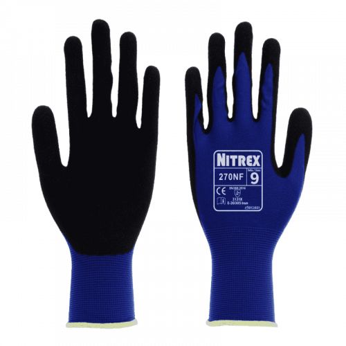 Unigloves 270NF Black, Blue Nylon Work Gloves, Size 8, Nitrile Coating