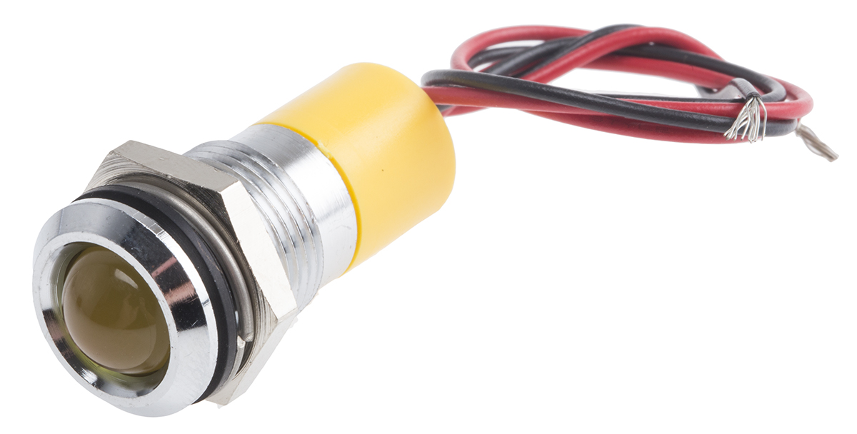 RS PRO Yellow Panel Mount Indicator, 12V dc, 14mm Mounting Hole Size, Lead Wires Termination, IP67