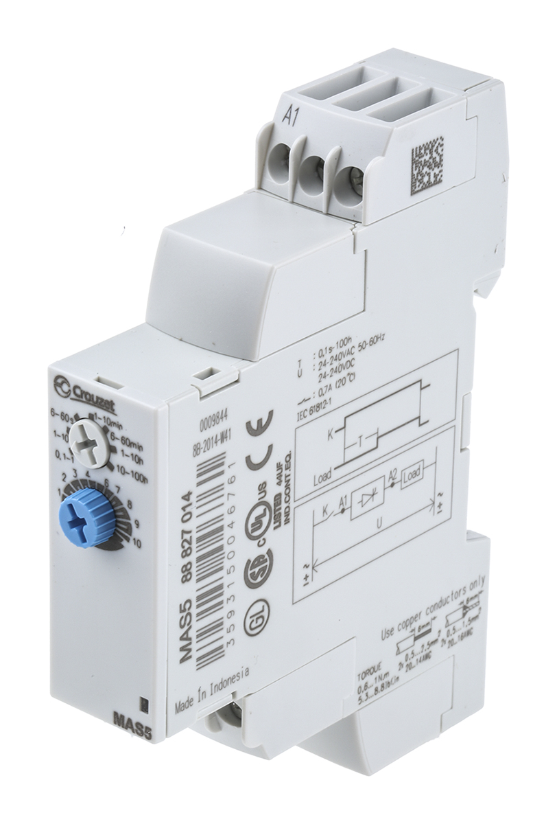Crouzet DIN Rail Mount Timer Relay, 24 → 240V ac/dc, 1-Contact, 0.1 s → 100h, 1-Function, Solid State