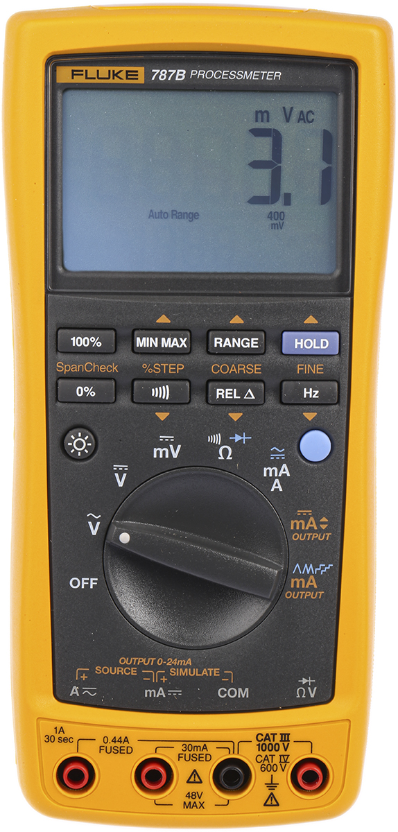 Fluke 787B Handheld Digital Multimeter, True RMS, 1A ac Max, 1A dc Max, 1000V ac Max