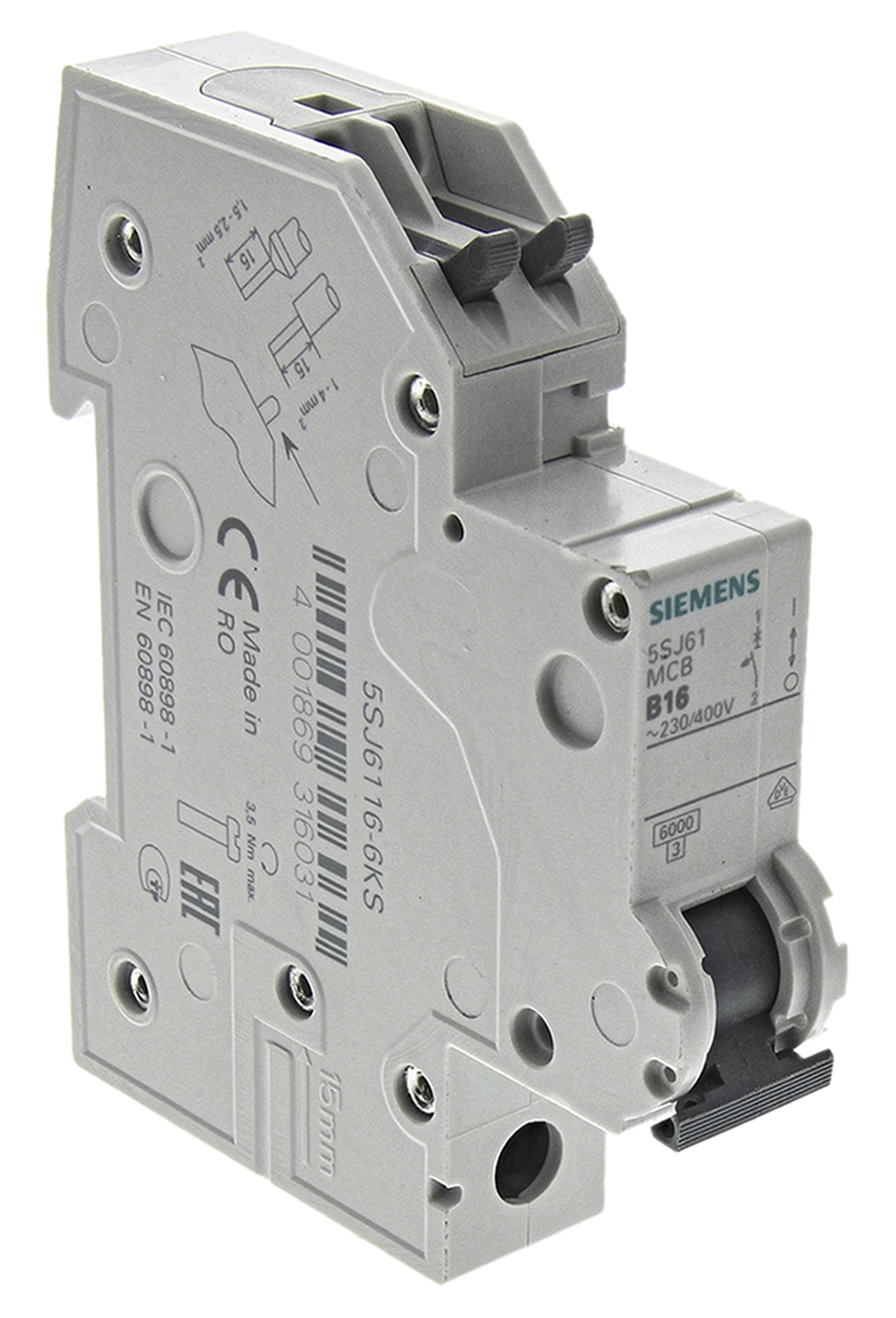 Siemens Sentron 5SJ6 MCB, 1P, 16A Curve B, 230V AC, 60V DC, 6 kA Breaking Capacity