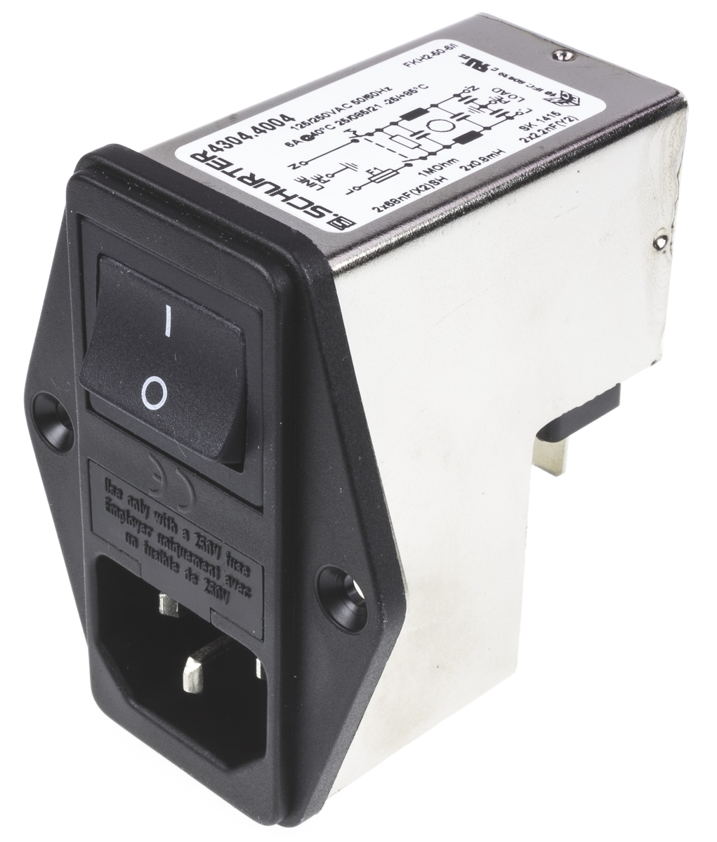 Schurter 6A, 250 V ac Male Panel Mount Filtered IEC Connector 2 Pole 4304.4004 1 Fuse