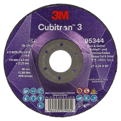 3M 95344 Ceramic Cutting Disc, 115mm x 4.2mm Thick, 36+ Grade, 10 in pack