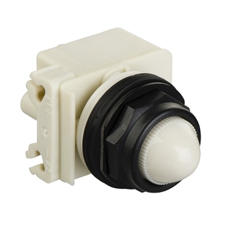 Schneider Electric, 9001SK, Panel Mount White LED Pilot Light, 30mm Cutout, IP66, Round, 120V ac/dc