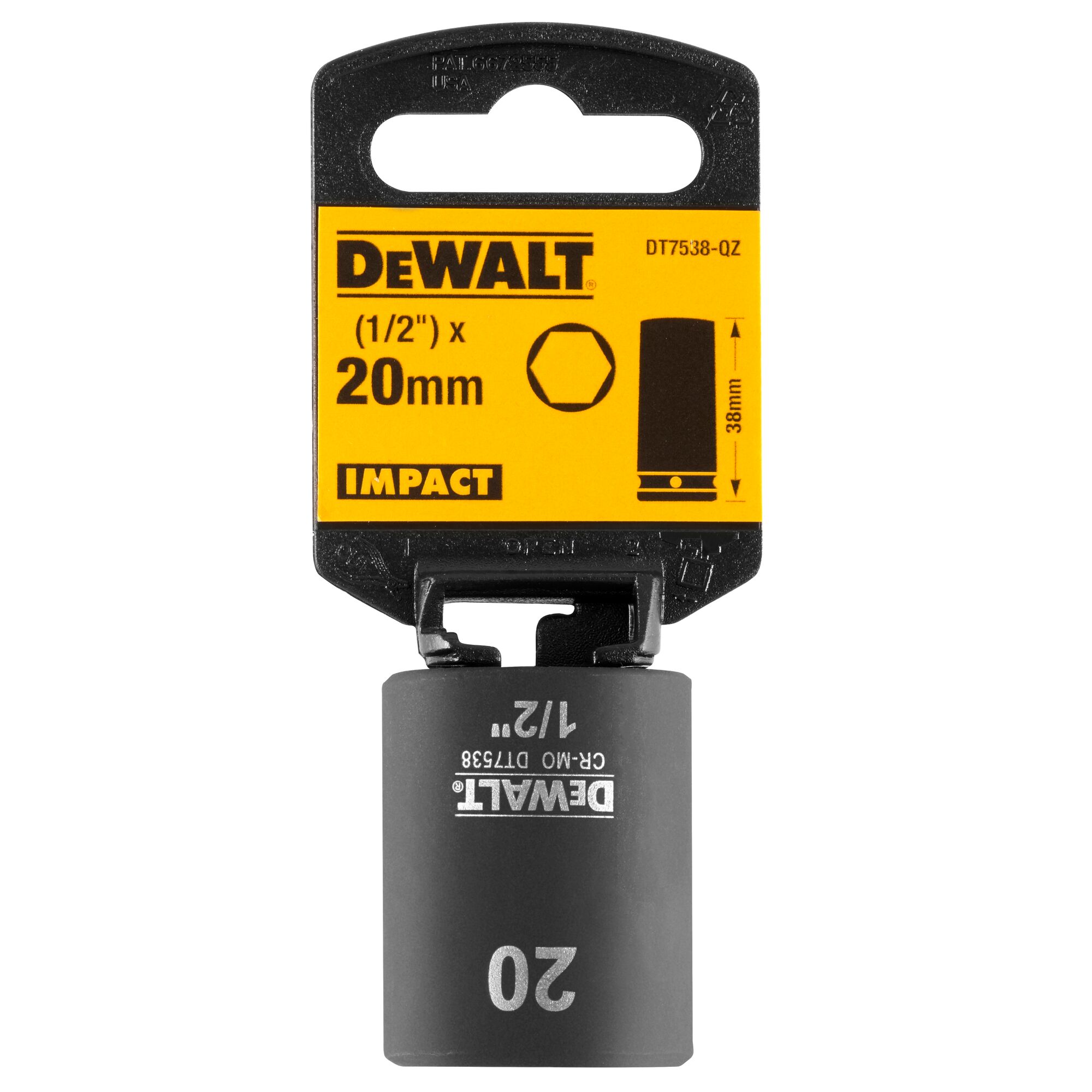 DeWALT 20mm, 1/2 Drive Impact Socket, 38 mm length