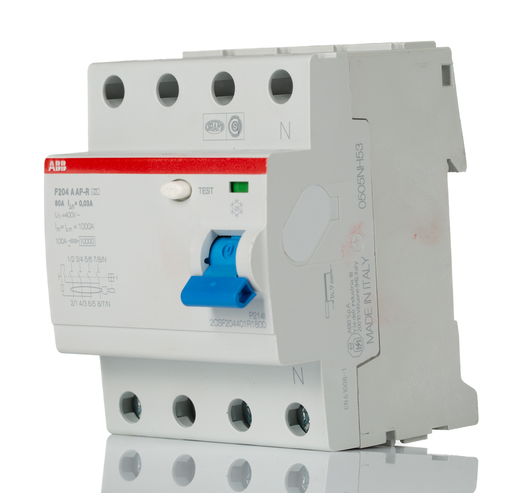 ABB F200 RCCB, 80A, 4 Pole, 30mA, Type A, 277 V ac, 480 V ac
