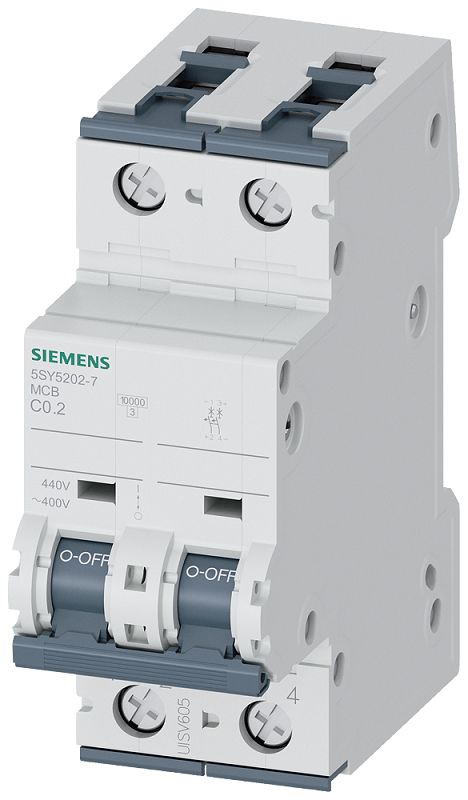 Siemens SENTRON 5SY5 MCB, 2P, 2A Curve C, 10 kA Breaking Capacity