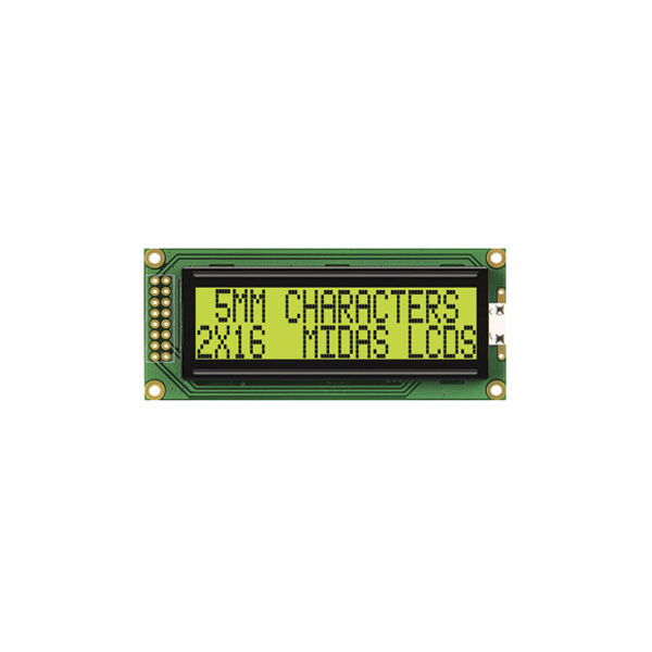Midas MC21605F6WE-SPTLY F Alphanumeric LCD Display Yellow-Green, 2 Rows by 16 Characters, Transflective