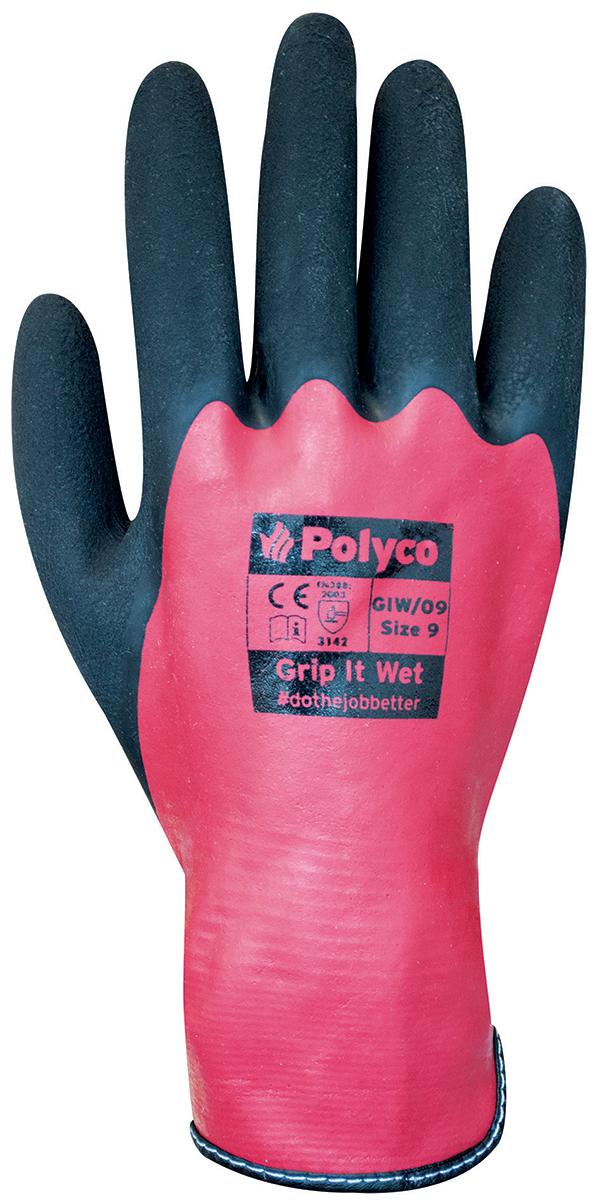 Polyco Healthline Grip It Wet Red, Black Seamless Knitted Nylon Latex, Nylon Work Gloves, Size 10, Palm Coating