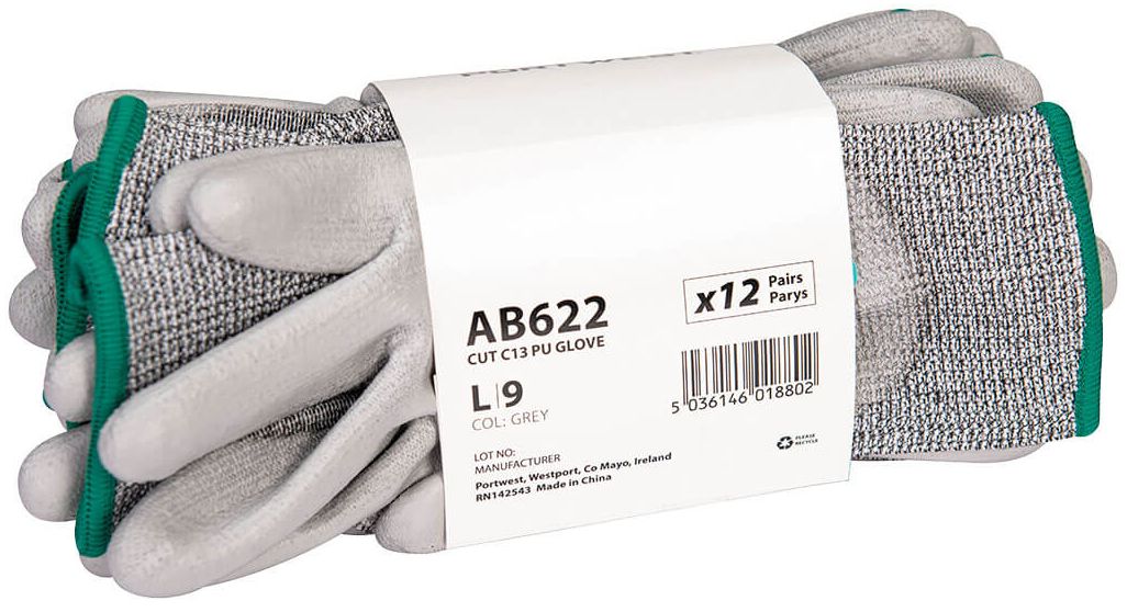 Portwest AB622 - Cut C13 PU Essential Multipack Grey Elastane, Fibreglass, High Performance Polyethylene, Polyester Work
