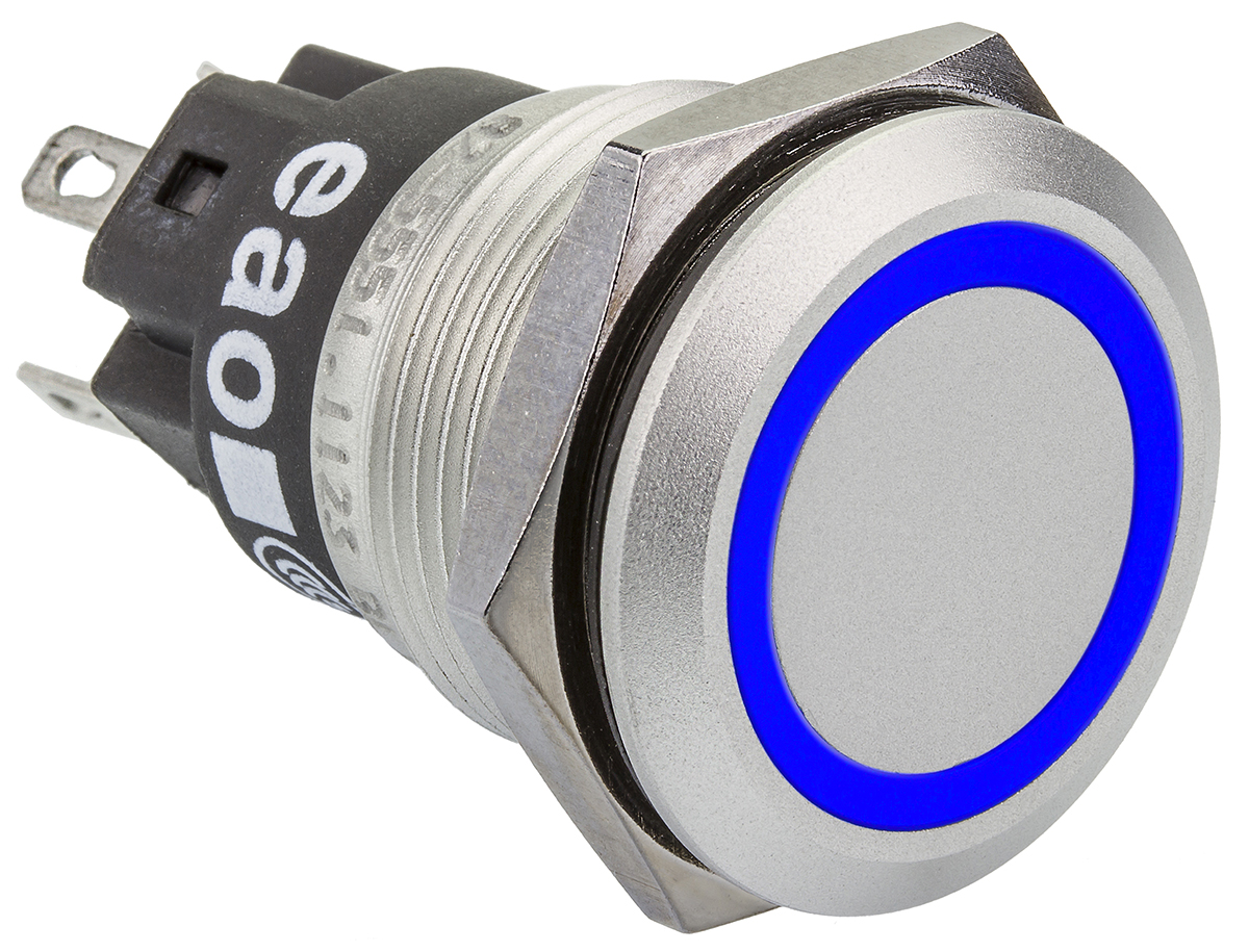 EAO 82 Series Illuminated Push Button Switch, Momentary, Panel Mount, 19mm Cutout, SPDT, Blue LED, 240V, IP65, IP67
