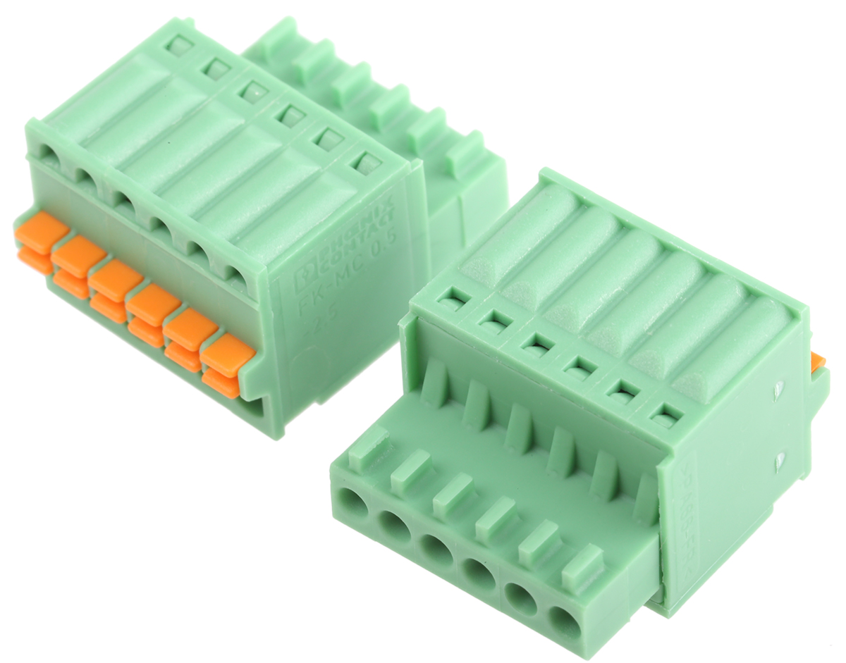 Phoenix Contact, 2.5mm Pitch, FK-MC 0.5/ 6-ST-2.5, 6 Way, , Pluggable Terminal Block, Plug, Cable Mount, Spring Cage