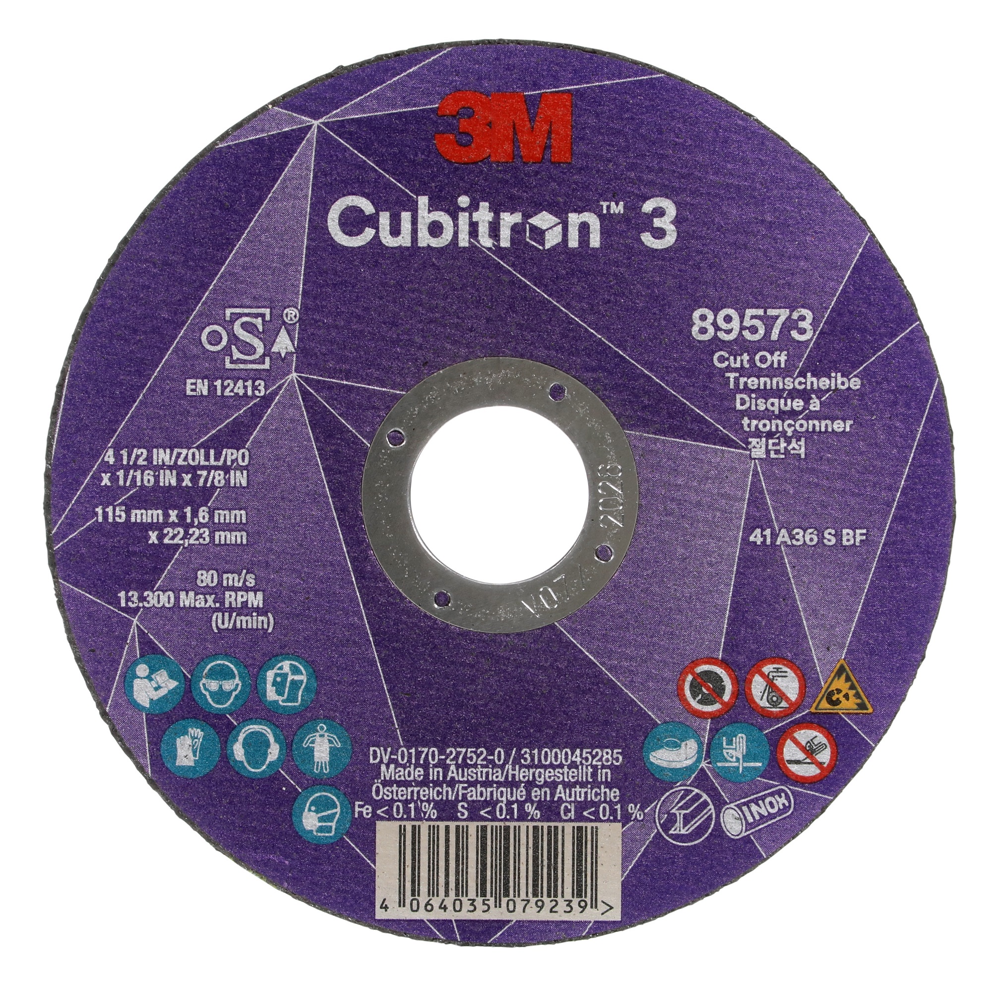 3M 89573 Cubitron 3 Ceramic Cut-Off Wheel, 115mm Diameter, 36+ Grit