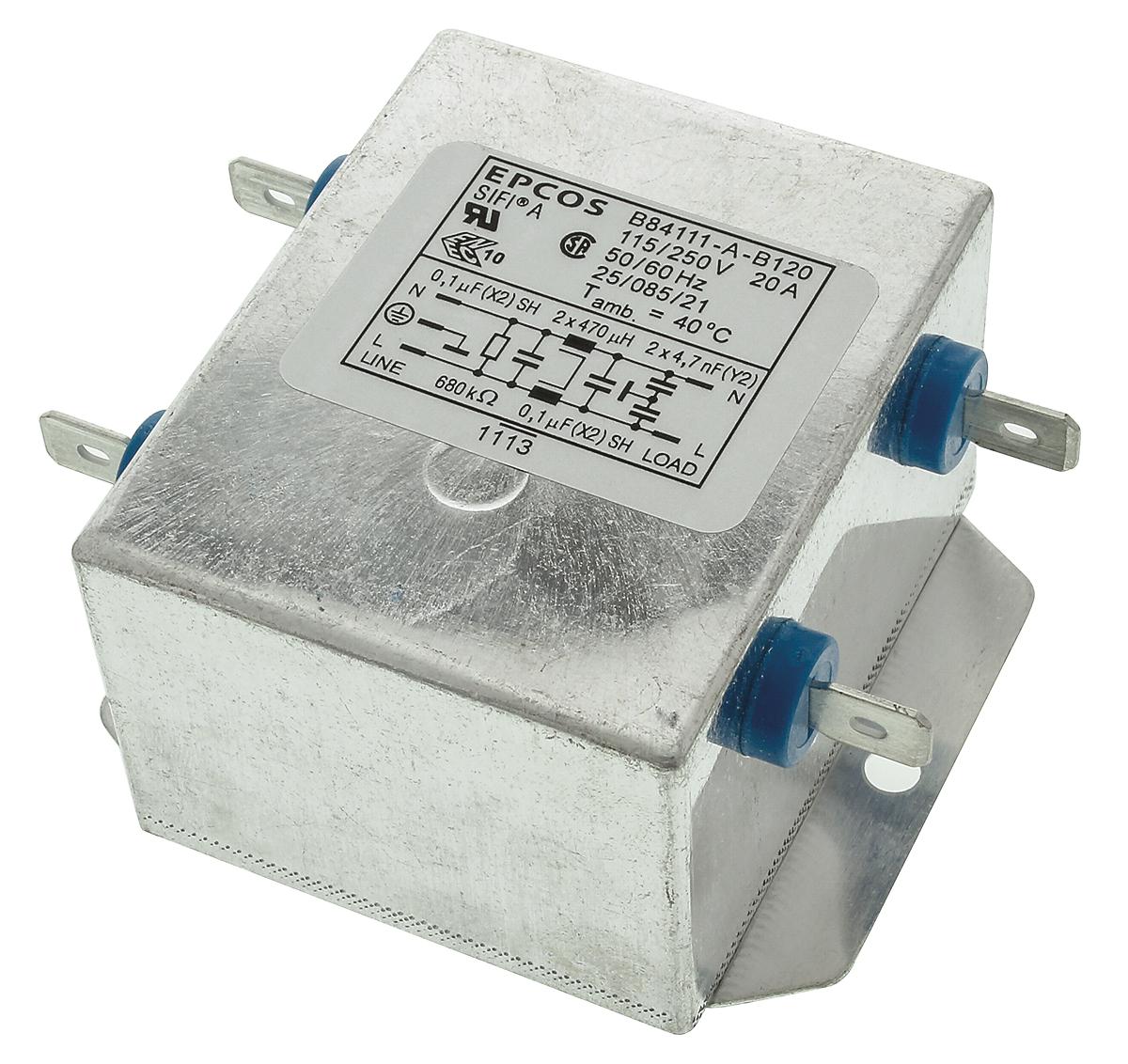 EPCOS B84111A Series 20A 250 V ac 60Hz Flange Mount RFI Filter, with Tab Terminals, Single Phase