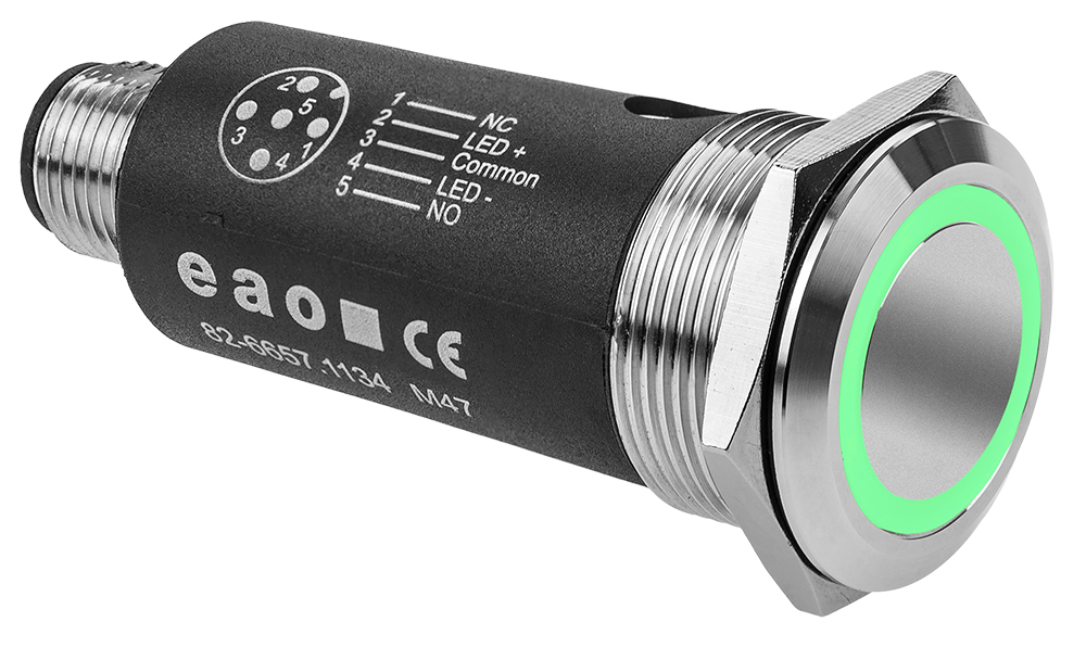 EAO 82 Series Illuminated Illuminated Push Button Switch, Latching, Panel Mount, 22mm Cutout, SPDT, Green LED, 35V,