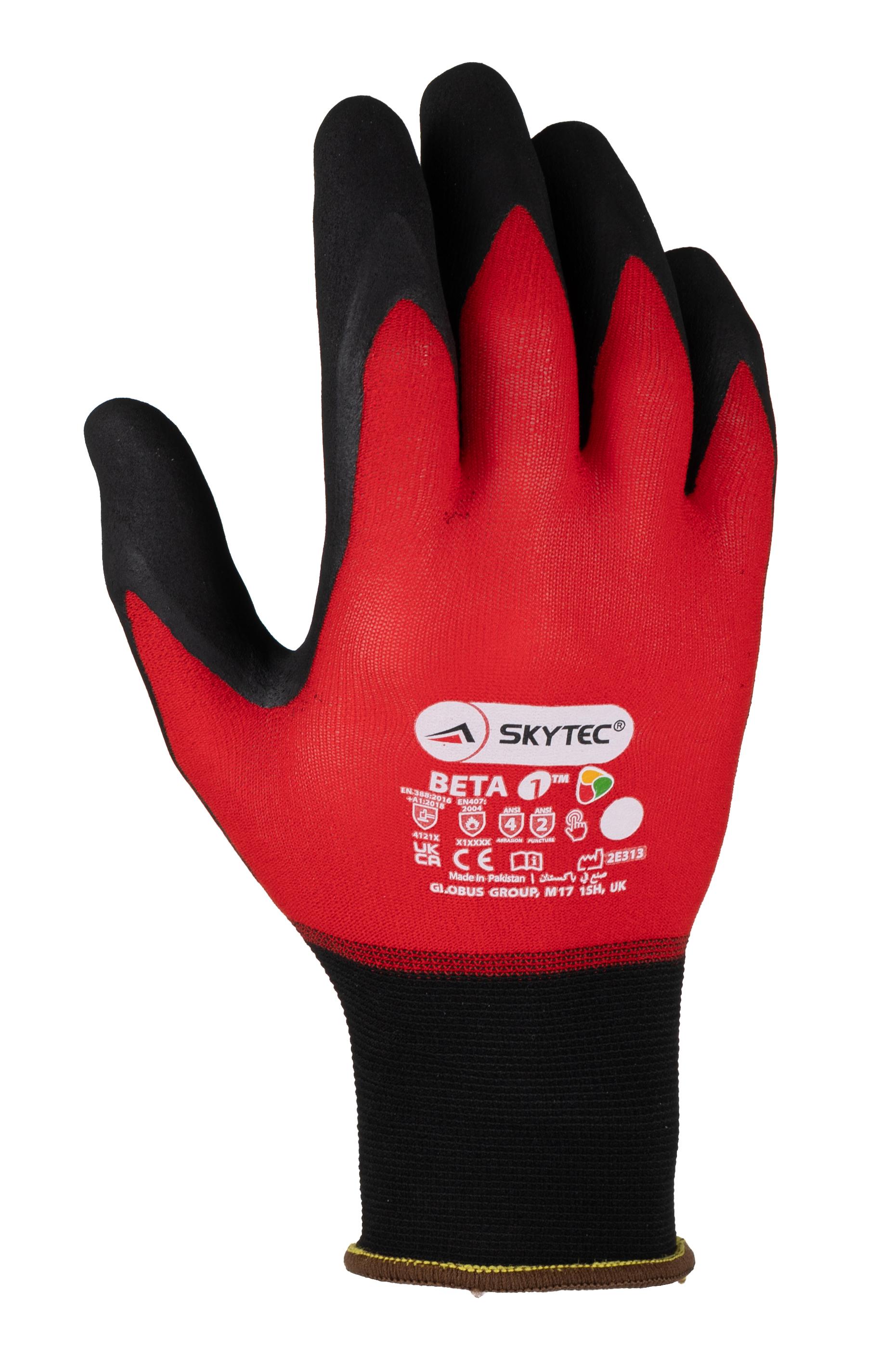 Skytec Beta 1 Black, Red Nylon Nylon, Spandex Glove, Size 8, Nitrile Foam Coating