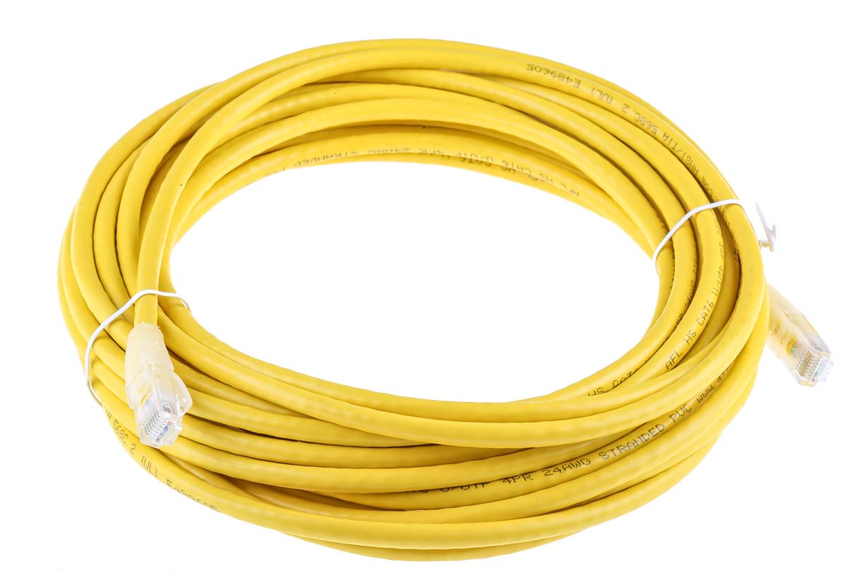RS PRO, 10m Cat6, Yellow RJ45 to Male RJ45 Male, U/UTP Unshielded, Terminated PVC Sheath