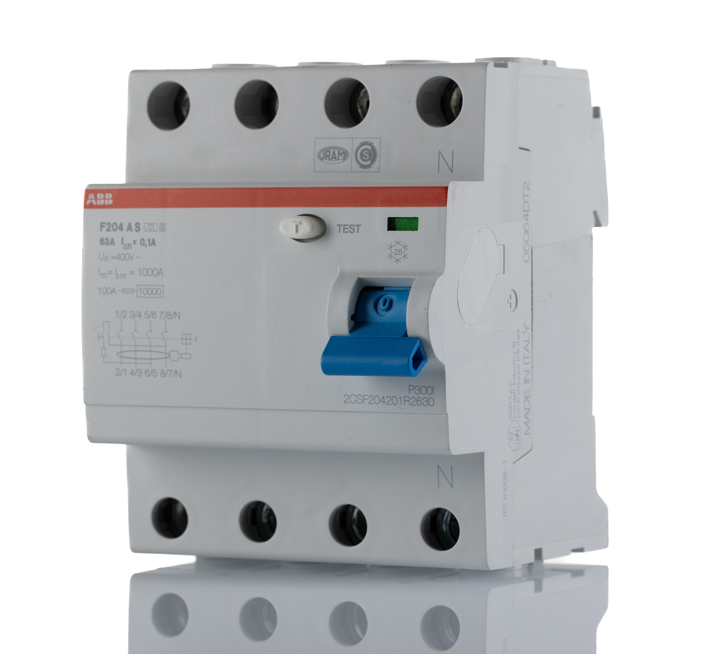 ABB F200 RCCB, 63A, 4 Pole, 100mA, Type A, 230/400V ac