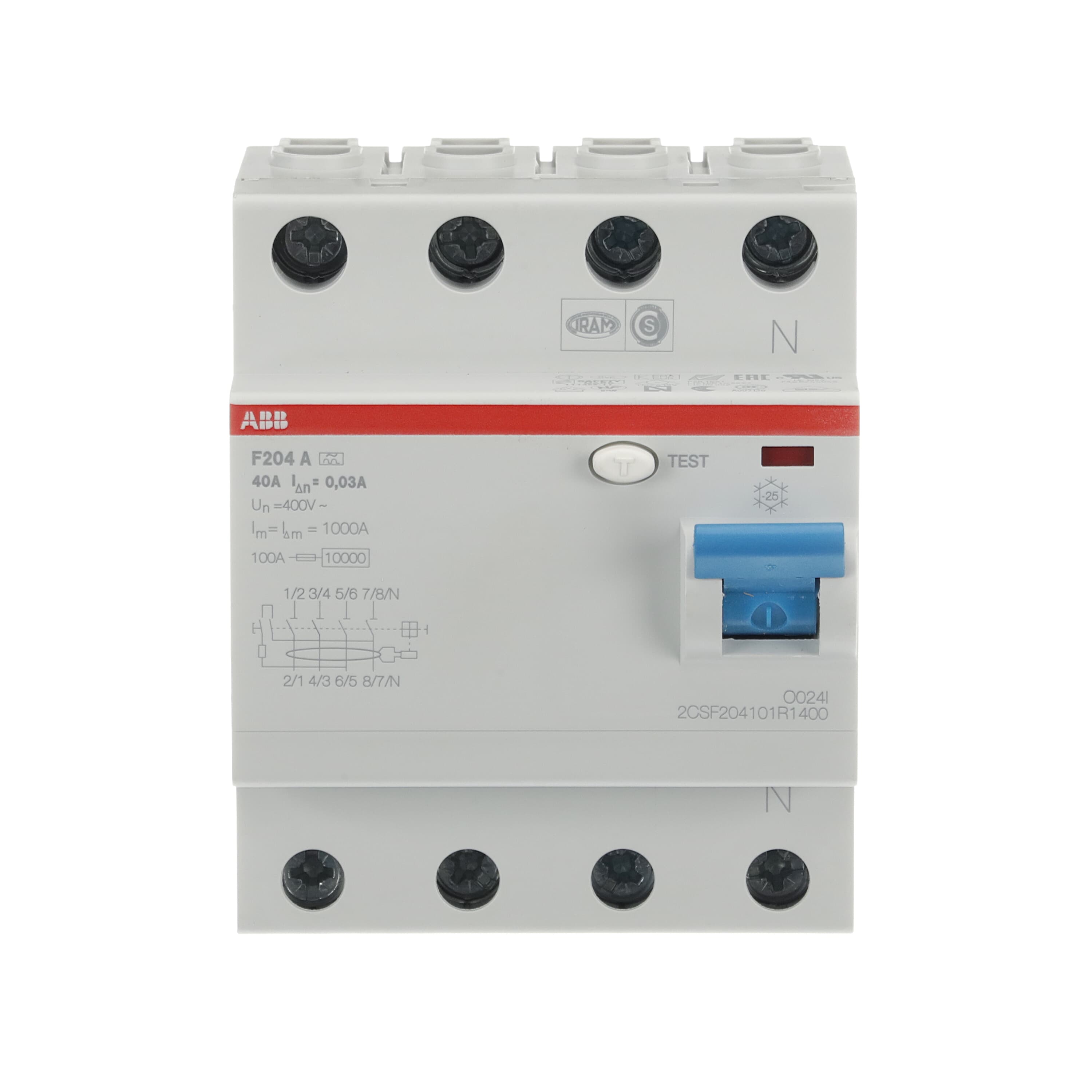 ABB F200 RCCB, 40A, 4 Pole, 30mA, Type A, 400V ac