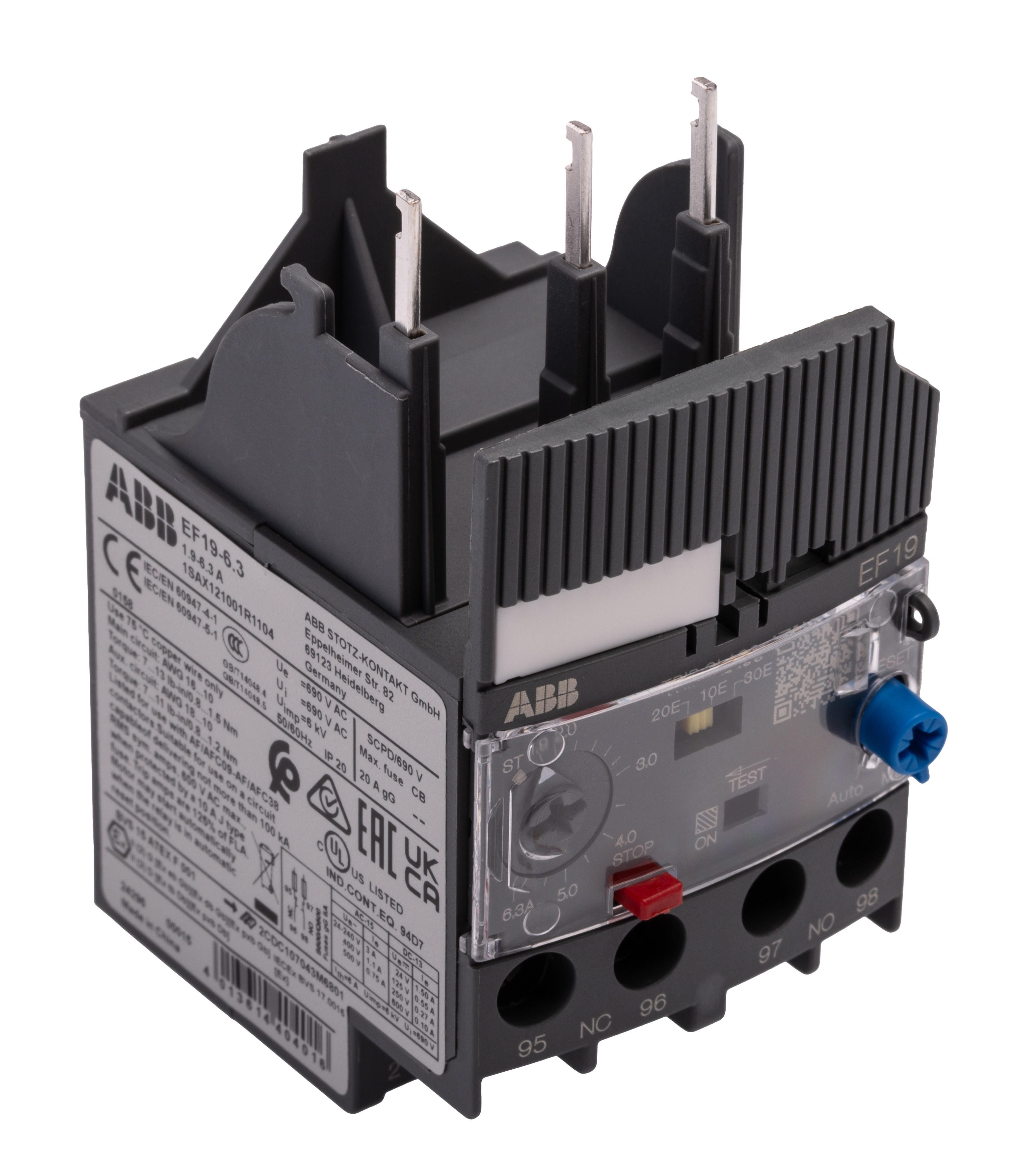 ABB EF19 Overload Relay 1NO + 1NC, 1.9 → 6.3 A F.L.C, 6.3 A Contact Rating, 83 W, 3P, AF Range