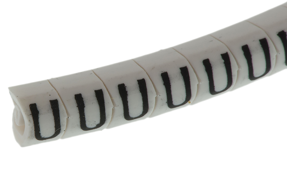 HellermannTyton Helagrip Slide On Cable Marker, Black on White, Pre-printed "U", 2 → 5mm Cable, 901-10446