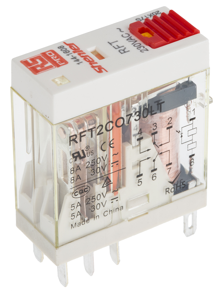 RS PRO Plug In Power Relay, 230V ac Coil, 8A Switching Current, DPDT