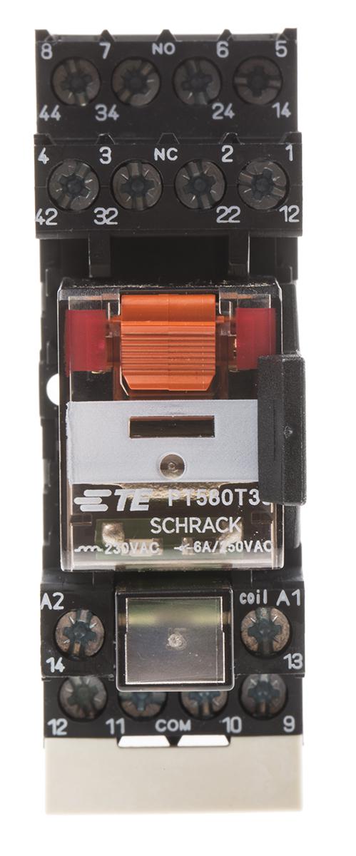 TE Connectivity DIN Rail Power Relay, 230V ac Coil, 6A Switching Current, 4PDT