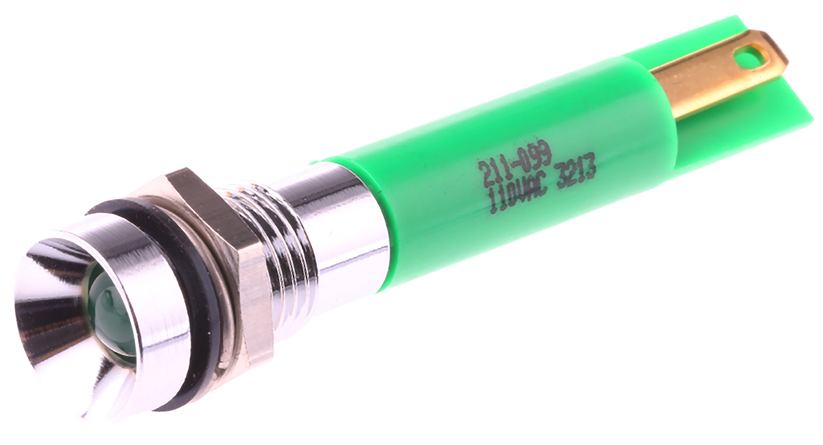 RS PRO Green Panel Mount Indicator, 110V ac, 8mm Mounting Hole Size, Solder Tab Termination