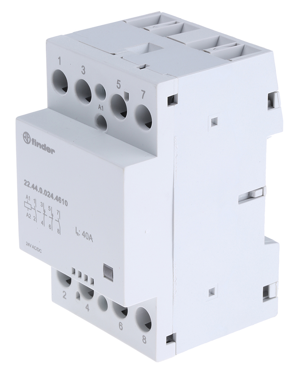 Finder 22 Contactor, 24/24 V ac/dc Coil, 4-Pole, 40 A, 6 VA, 2 NO/2 NC, 480V ac, 400 V ac