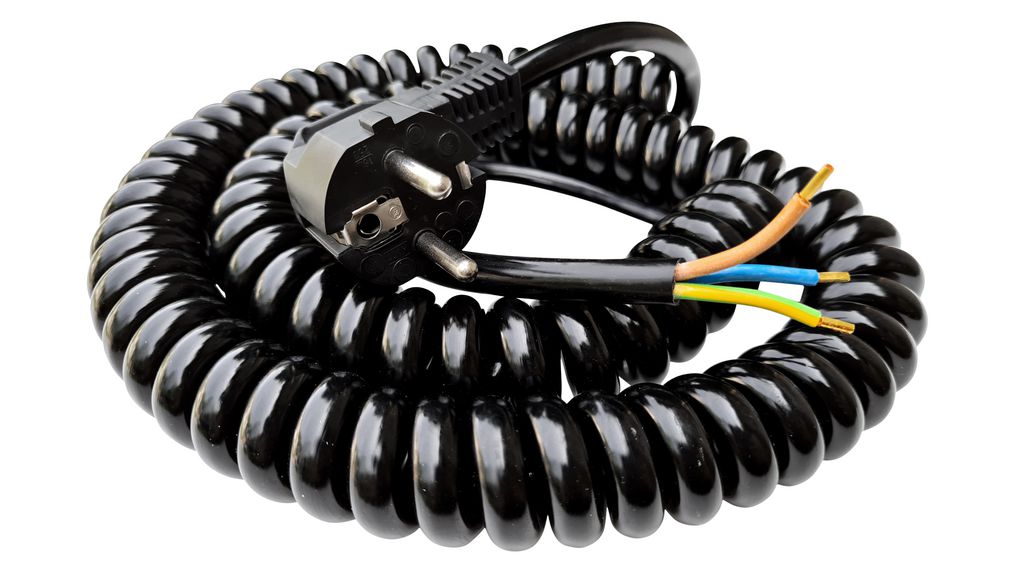 TBS de Buck B.V. SP-DSR Spiral Cable 1.5 mm² 3 Core Power Cable, Black Polyvinyl Chloride PVC, 2m