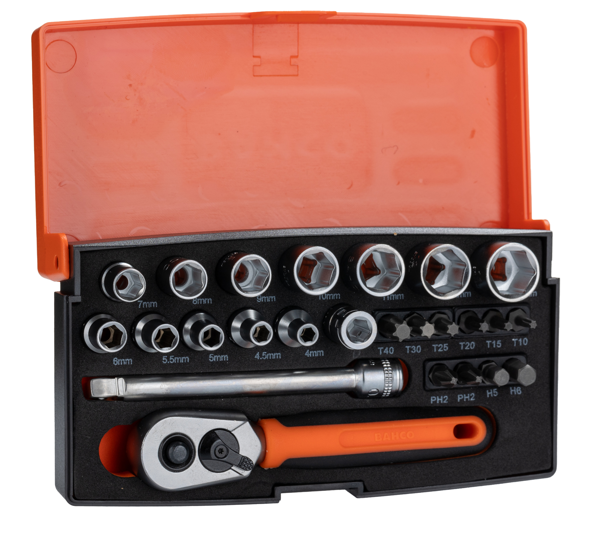 Bahco 25-Piece Metric 1/4 in Standard Socket/Bit Set with Ratchet, 6 point; Hex Bit; Phillips Bit; Torx Bit