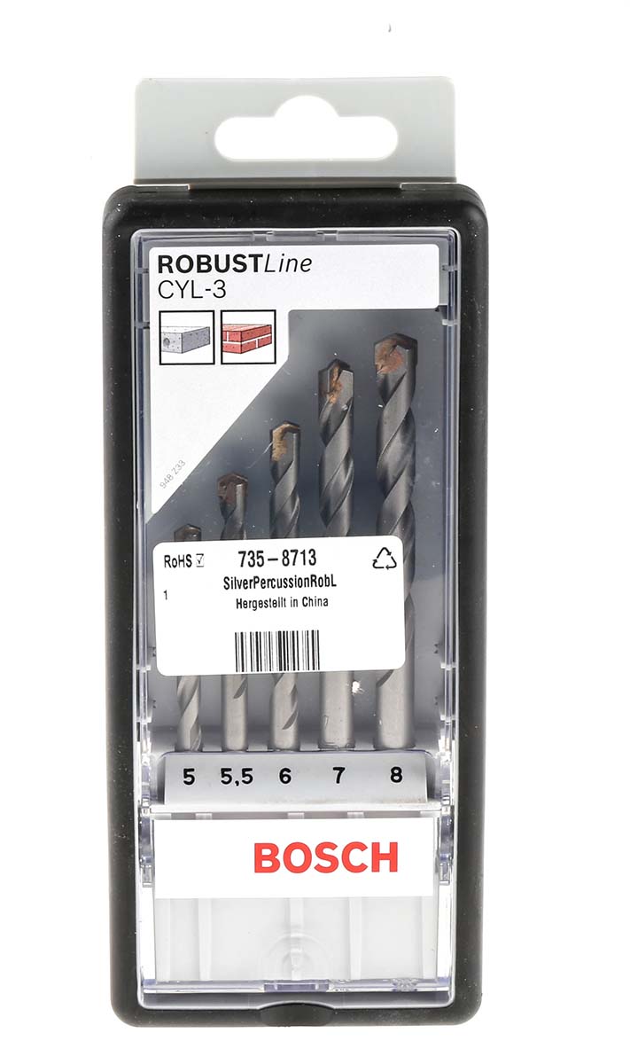 Bosch 5-Piece Twist Drill Bit Set for Masonry, 8mm Max, 5mm Min, Carbide Tipped Bits