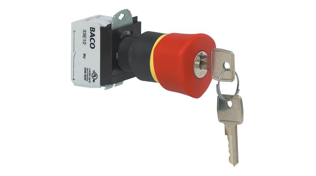 BACO L22GR Series Latching Emergency Stop Push Button, 22mm Cutout, 1 NO + 1 NC, IP66